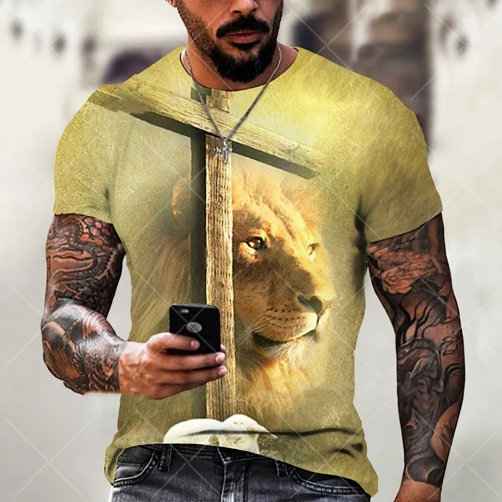 Men's grey T-shirt with a 3D printed Jesus design on the chest.