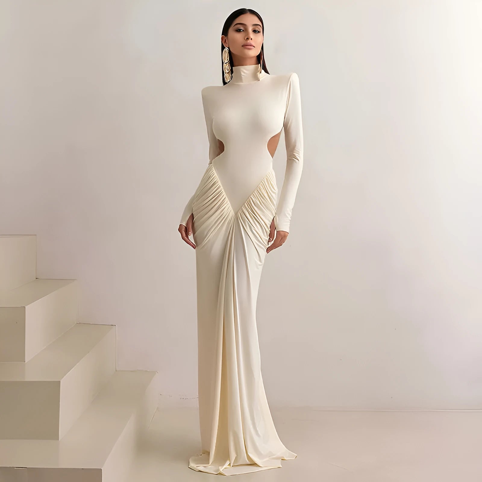 Women's slim fit long sleeve dress with high collar and pleated backless detail in solid colour