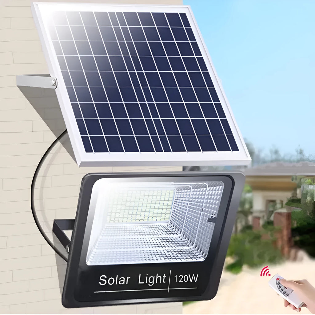 Black solar-powered LED flood light for outdoor and garden use with remote control.