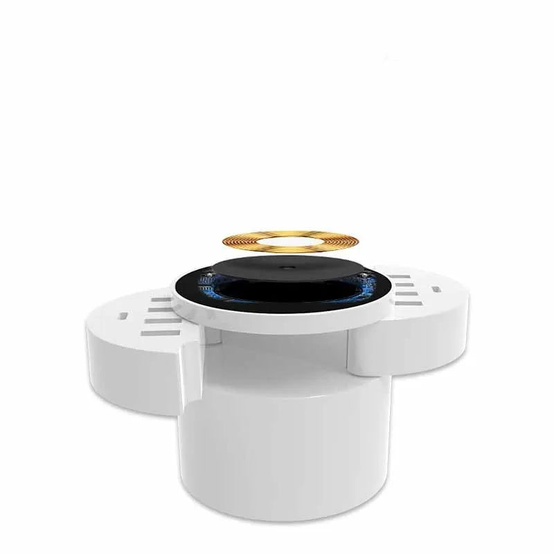 Ceramic white circular wireless smartphone charger with multiple ports and 1.5 metre cable