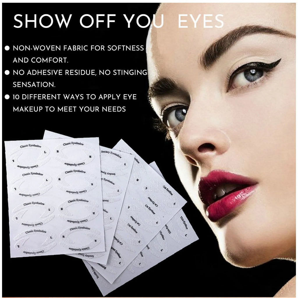 Set of four reusable eyeliner sticker templates showing different winged eyeliner and eyeshadow designs