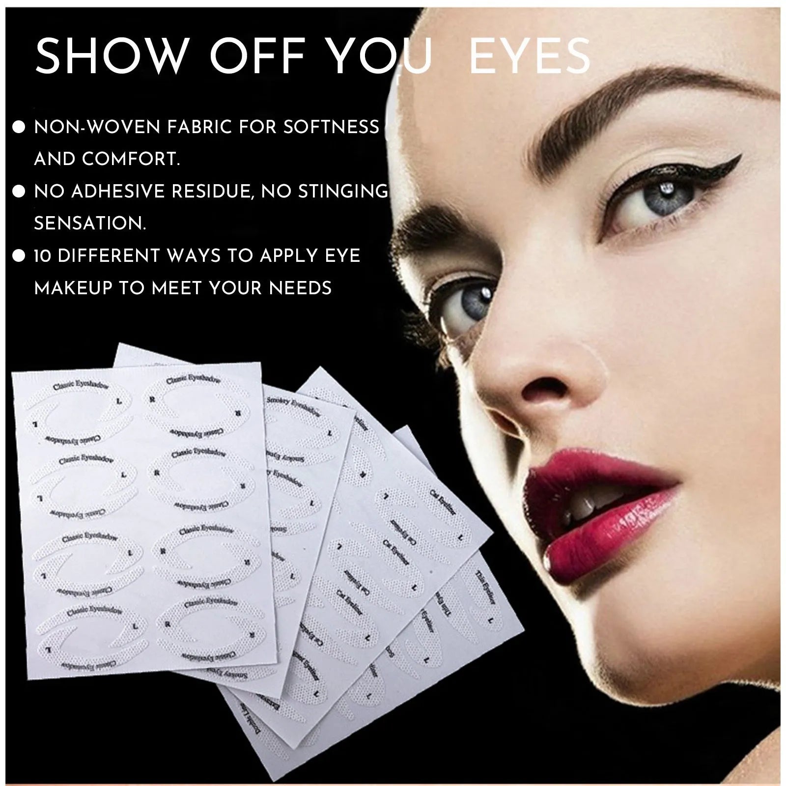 Set of four reusable eyeliner sticker templates showing different winged eyeliner and eyeshadow designs