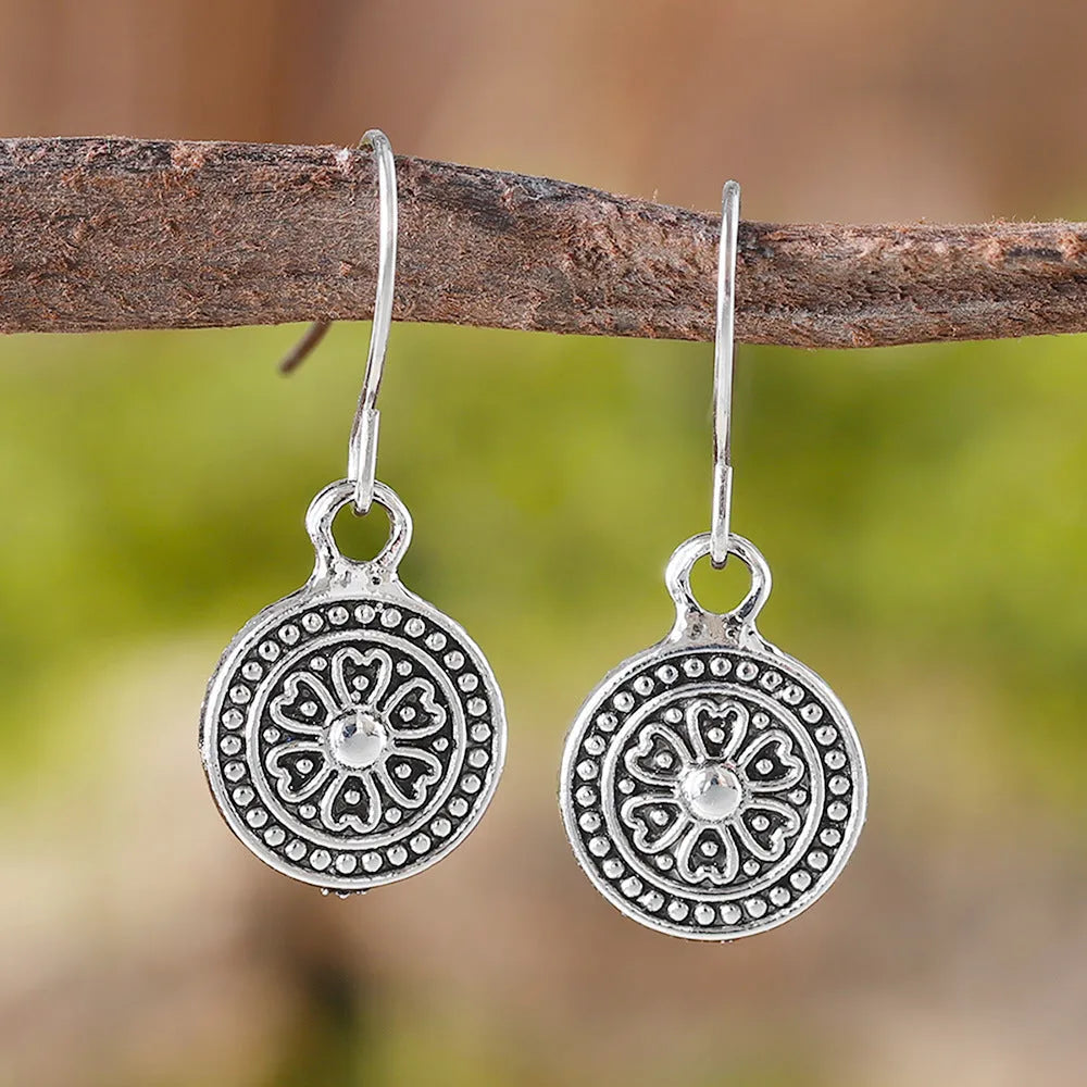 Bohemian retro circular earrings with geometric printed patterns and distressed ethnic detailing in zinc alloy