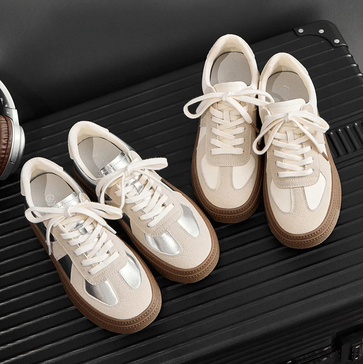 Retro round toe board shoes with cross shoulder straps and lace-up closure in beige and silver colours