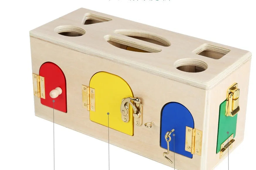 Wooden educational shape sorting box with 12 matching blocks for preschool children