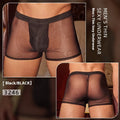 Men's black nylon boxer briefs showing ultra-thin breathable construction and free size elastic waistband