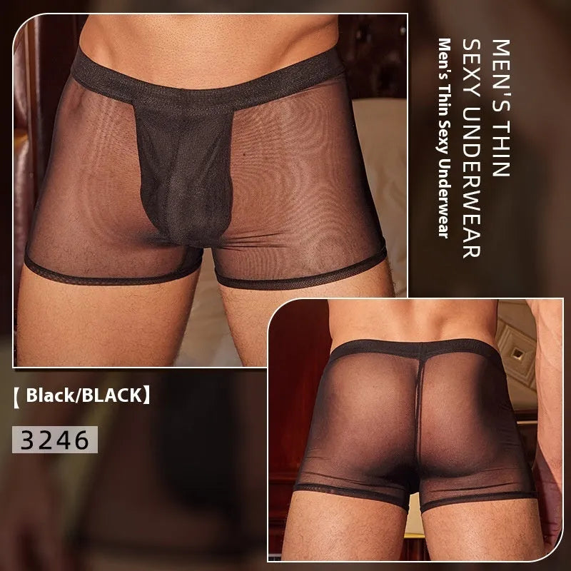 Men's black nylon boxer briefs showing ultra-thin breathable construction and free size elastic waistband