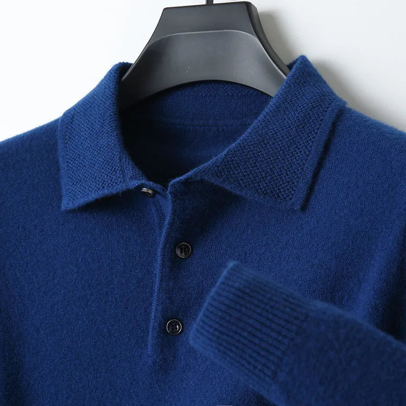 Men's woolen polo collar sweater pullover in black with long sleeves and stitched craft detail
