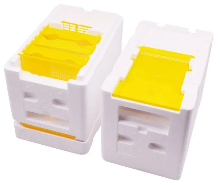 Three white EPS foam mini delivery boxes for bee breeding and hive management.