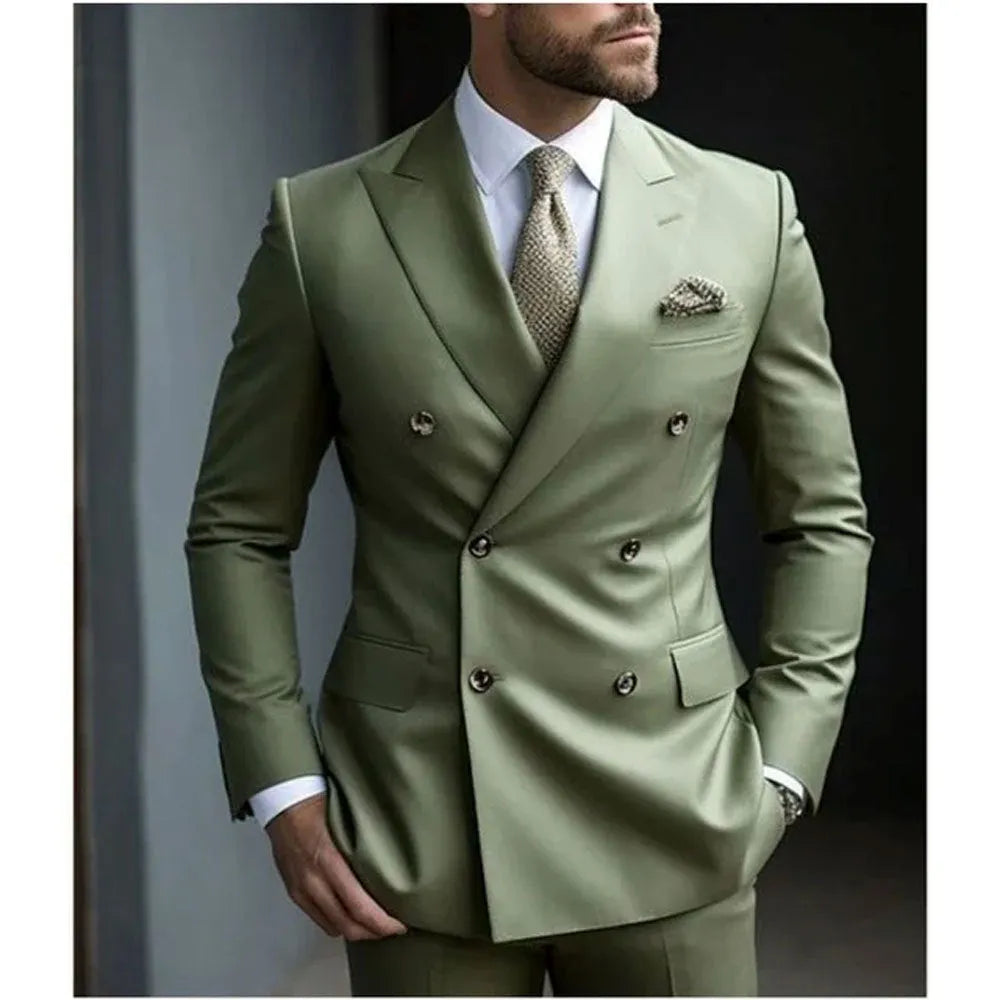 Man modelling a slim fit grey two-piece Korean style business suit.