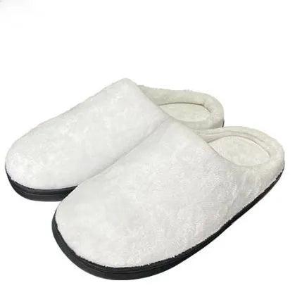 Pair of printed cotton slippers with flannel lining and TPR rubber sole, shown in multiple sizes.