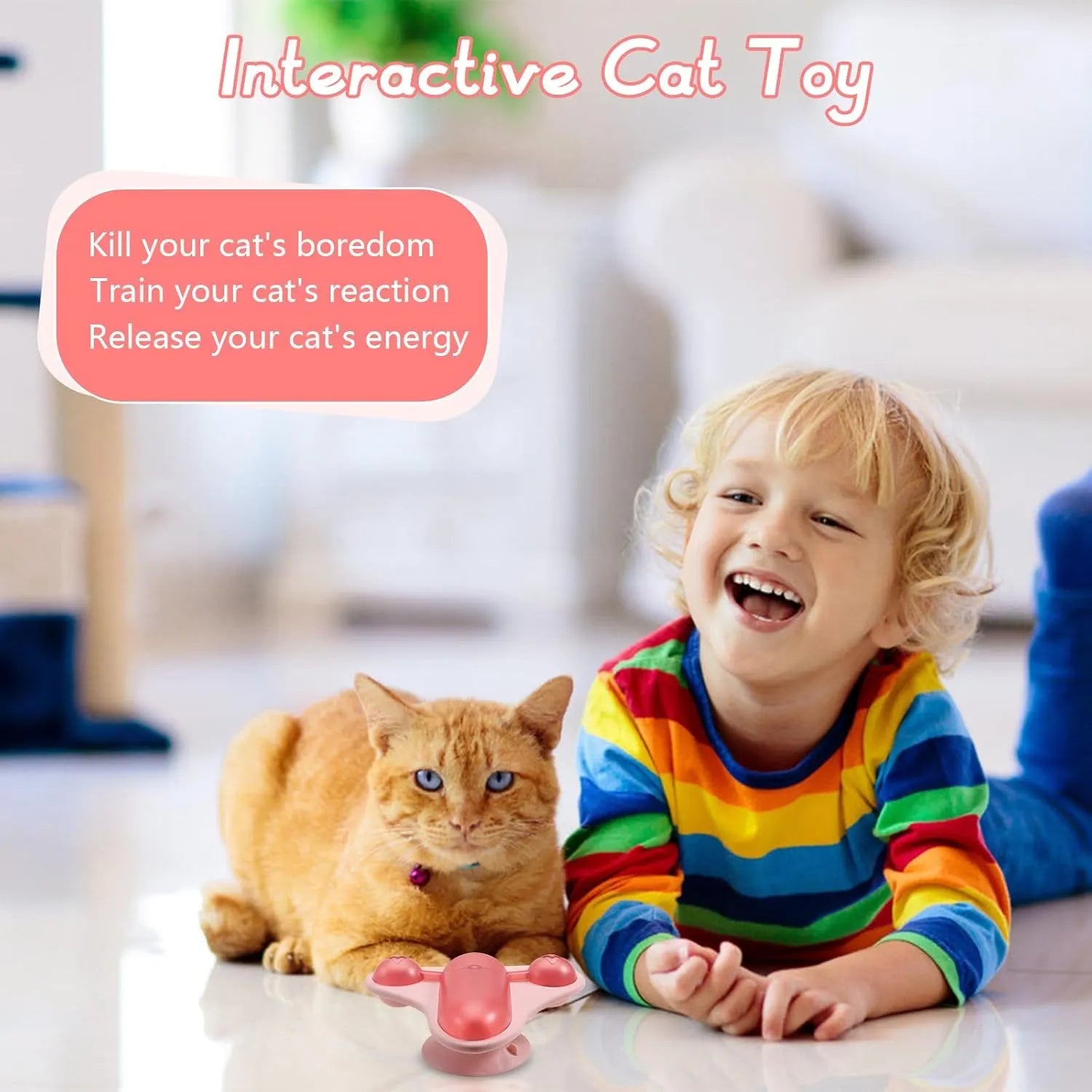 Interactive pet puzzle feeder toy with blue, green, and pink colour options, showing bell, catnip, and snack cabin.