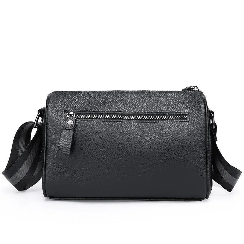 Black genuine leather one-shoulder crossbody bag with polyester lining