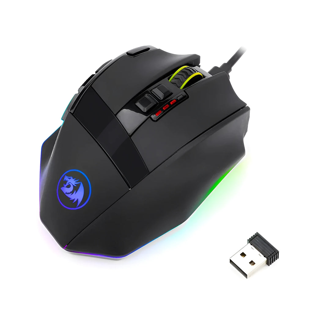 Black Redragon M801P dual mode wireless and wired gaming mouse with multiple buttons.