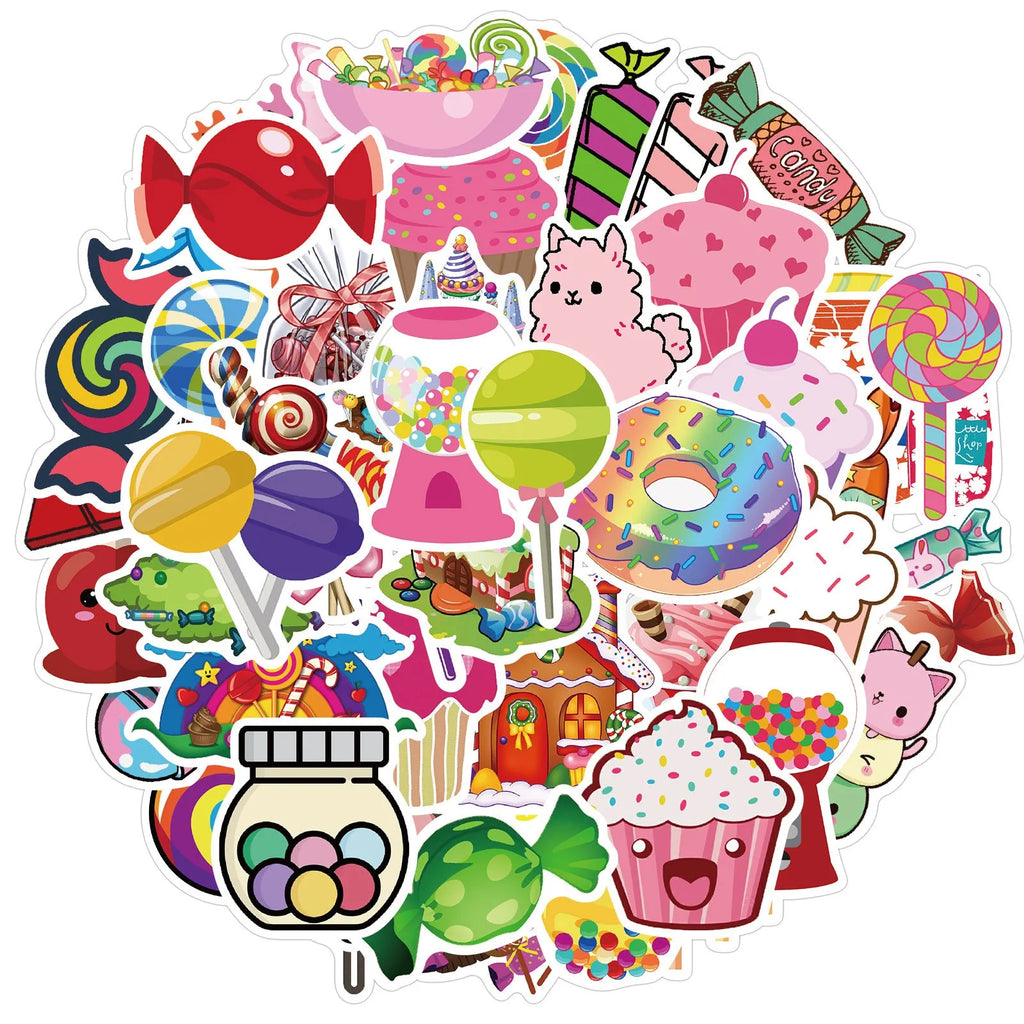 Pack of 50 colourful pink Candy series graffiti stickers with cartoon patterns for crafts.