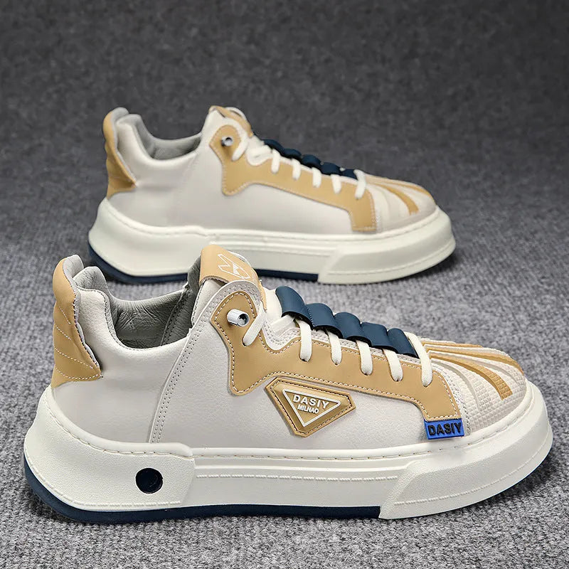Men's beige and black elastic band casual sneakers with microfiber upper and mesh lining for hiking and leisure activities