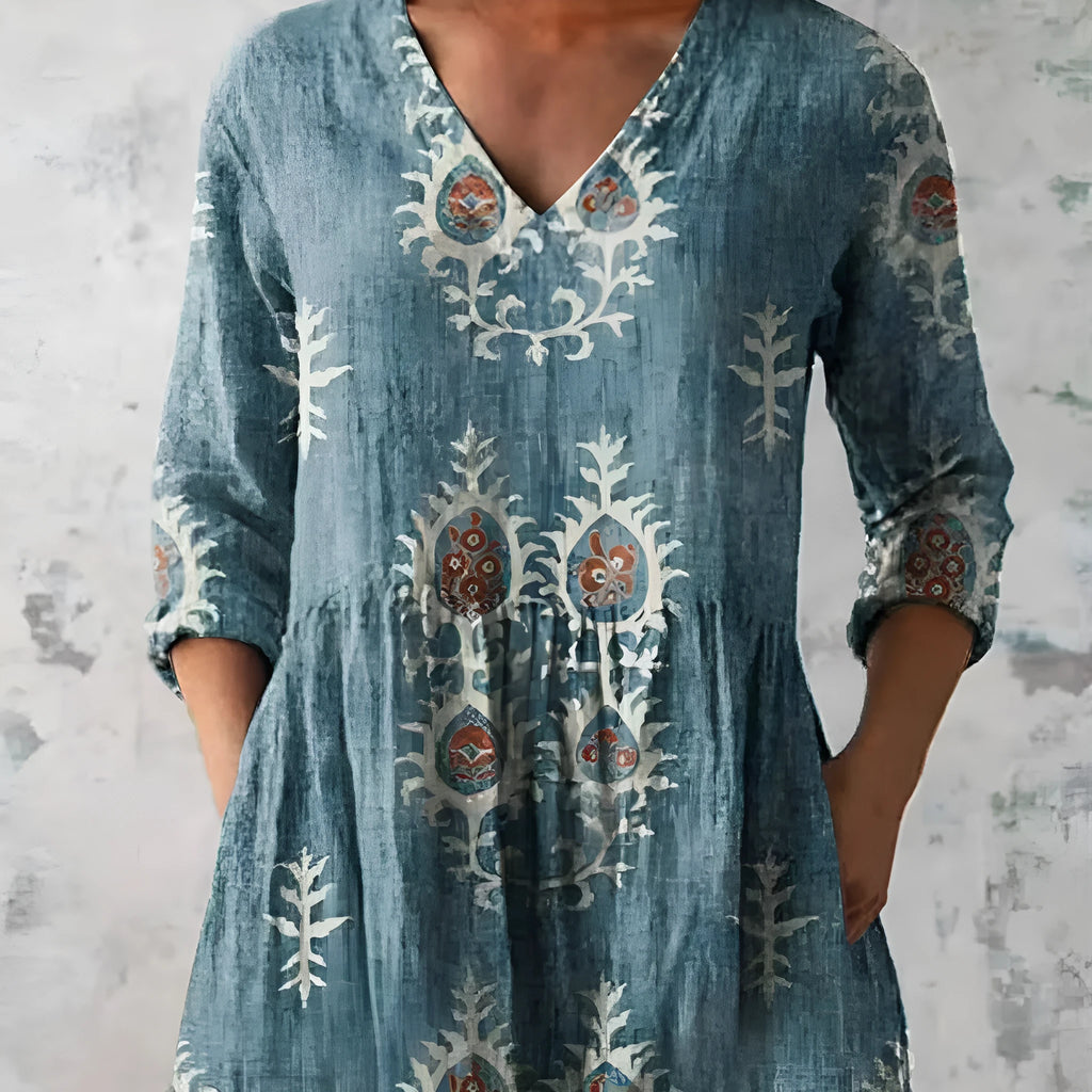 Women's printed wave loose dress with colourful floral pattern and wide waist design