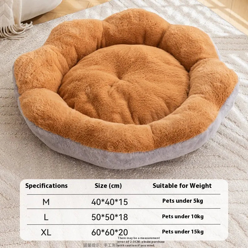 Round rabbit plush cat bed with thick material and detachable washable cover in brown grey colour