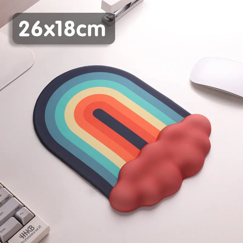 Silicone wrist rest mouse pad and matching keyboard support with cloud pattern design on desk