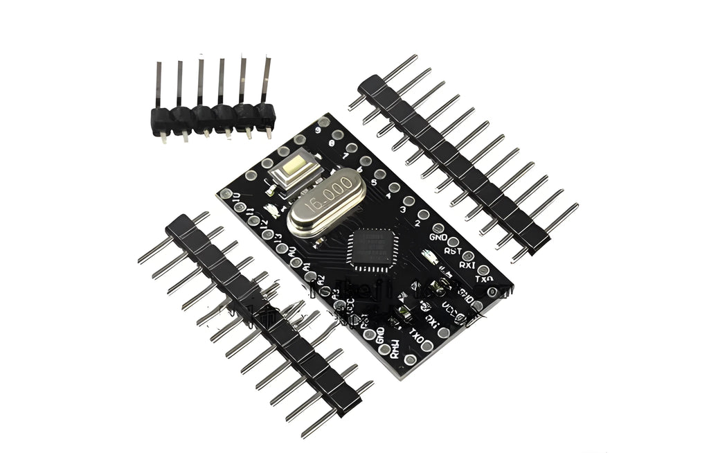 Mini Pro ATMEGA328P microcontroller development board with pin headers and mounting holes