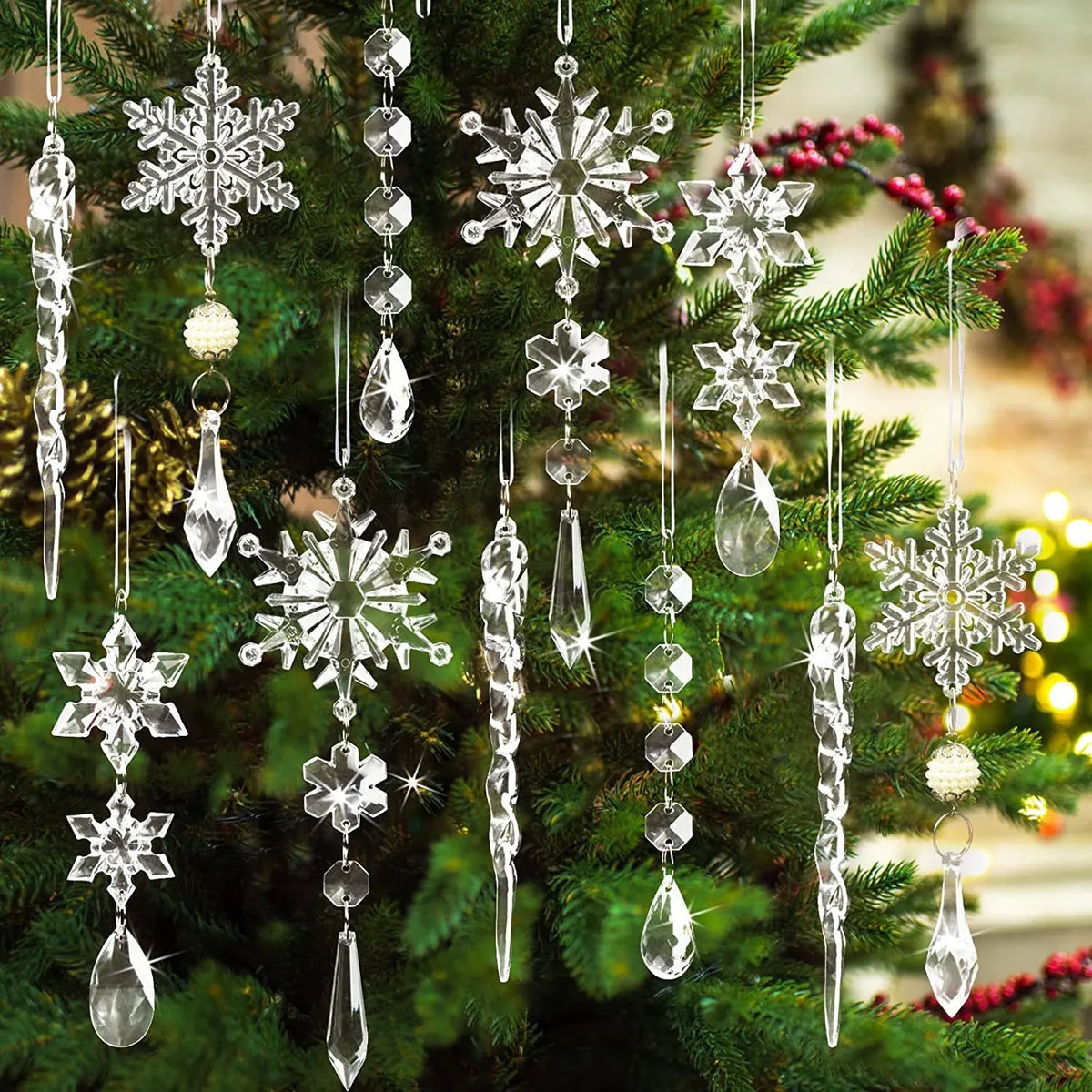 10pcs clear acrylic ice cone Christmas tree ornaments with ribbon for Xmas ceiling and home decor