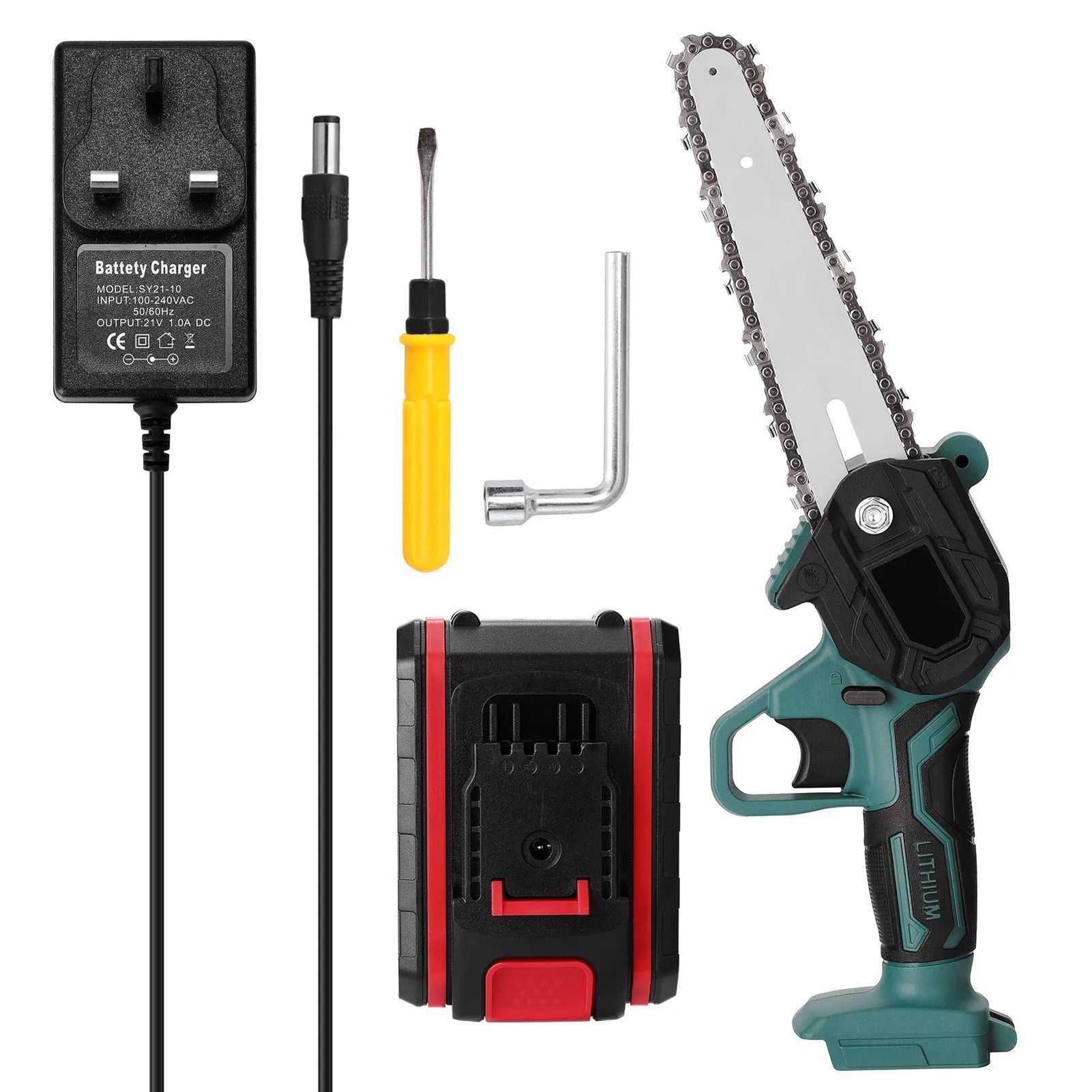 Black mini electric chainsaw with 4-inch guide bar held in one hand, showing compact size.