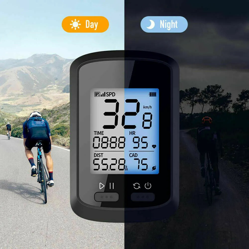 Black plastic waterproof bicycle stopwatch mounted on handlebars with digital display showing timing