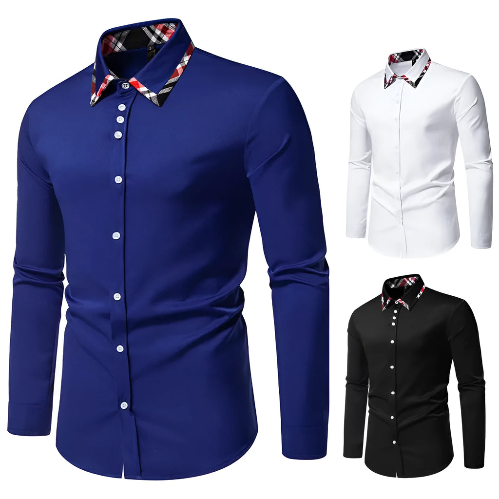 Men's blue, black, and white plaid long sleeve shirt with a contrasting triangle collar.