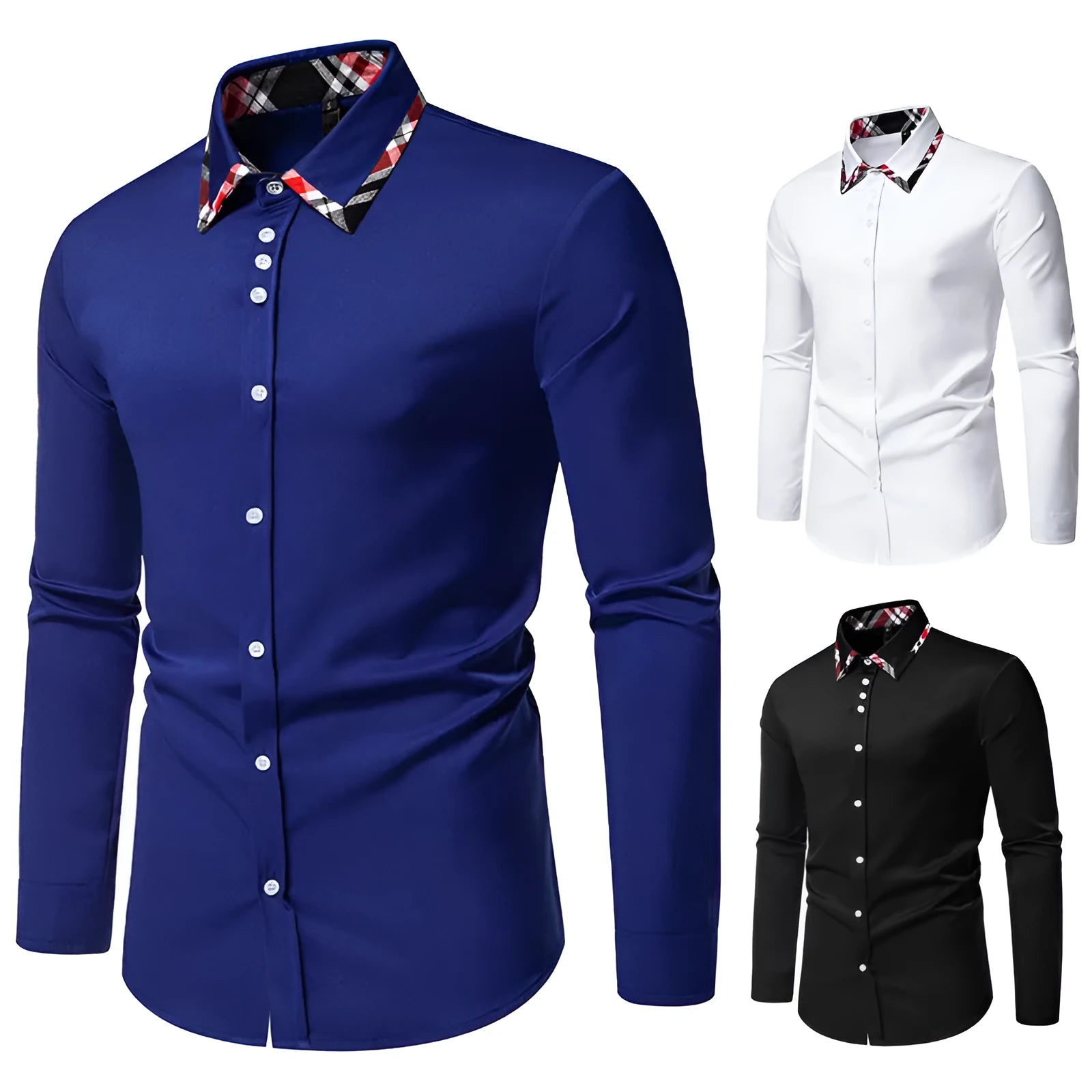 Men's blue, black, and white plaid long sleeve shirt with a contrasting triangle collar.
