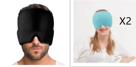Black elastic cloth gel cooling eye mask for headache relief, shown with adjustable strap.