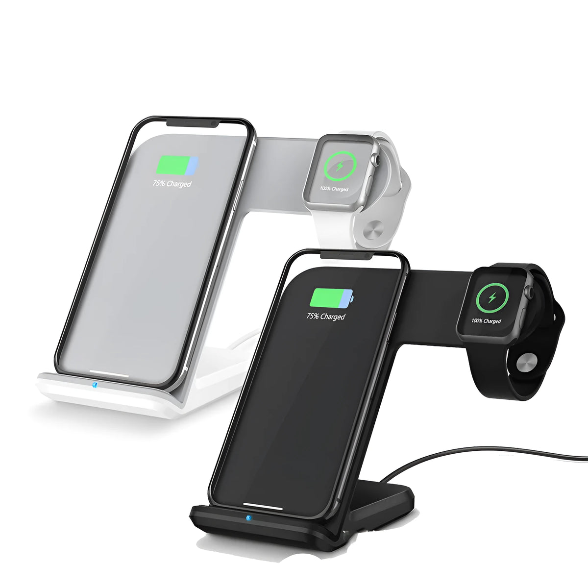 Black and white Qi wireless phone charger with Type-C cable on a desk