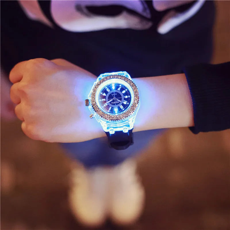 Geneva women's luminous LED quartz watch with 43mm round dial and silicone strap