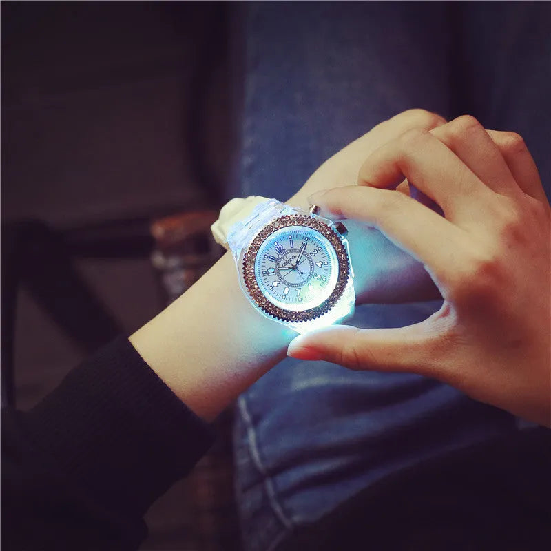 Geneva women's luminous LED quartz watch with 43mm round dial and silicone strap