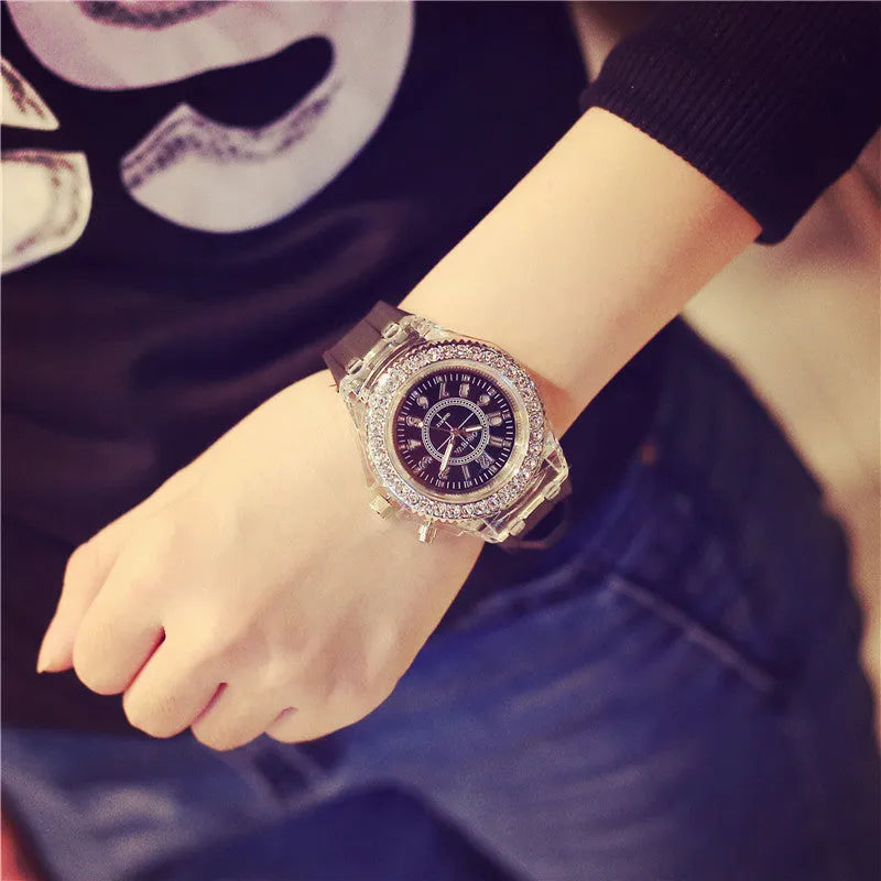 Geneva women's luminous LED quartz watch with 43mm round dial and silicone strap