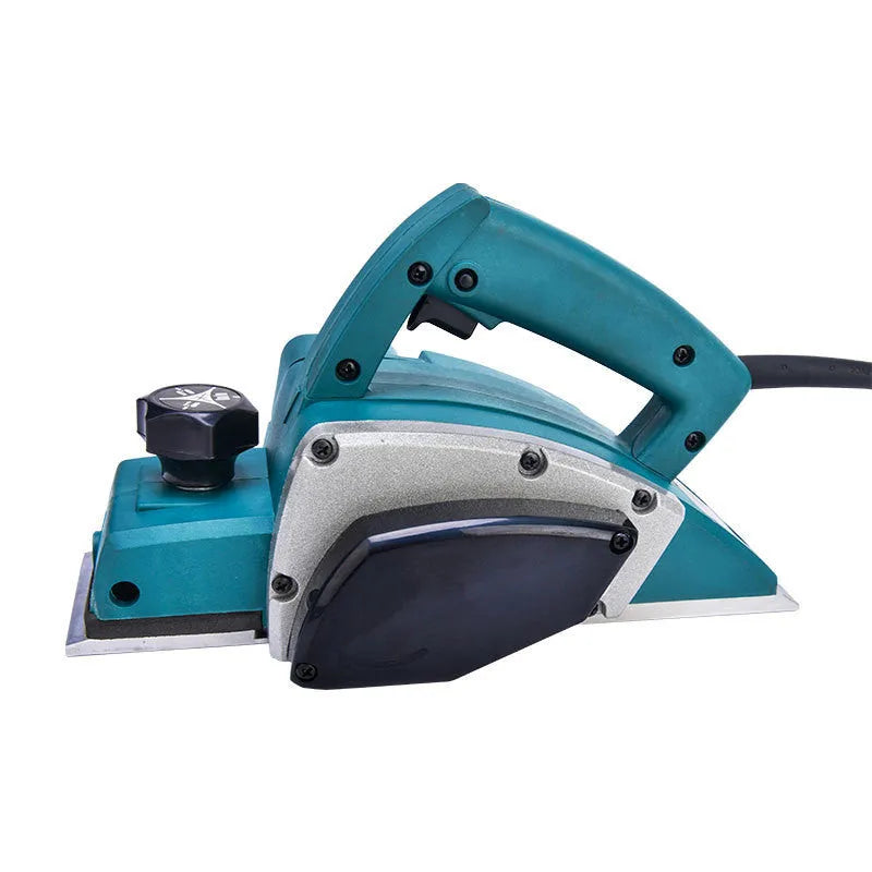Red desktop electric planer with aluminium housing for woodworking showing 82mm planing width