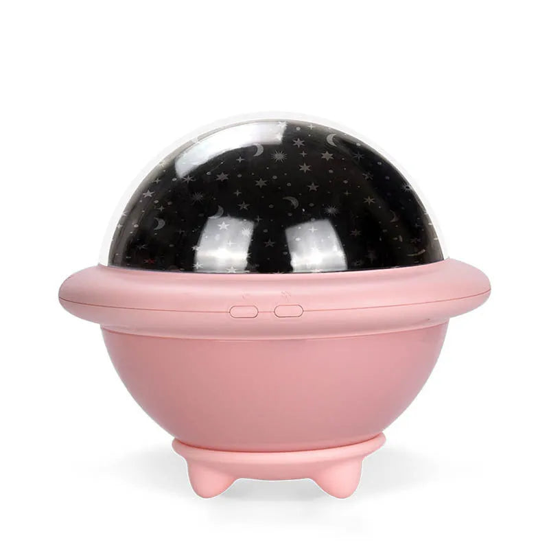 UFO-shaped LED projection night light in green, pink or white colours projecting starry sky patterns