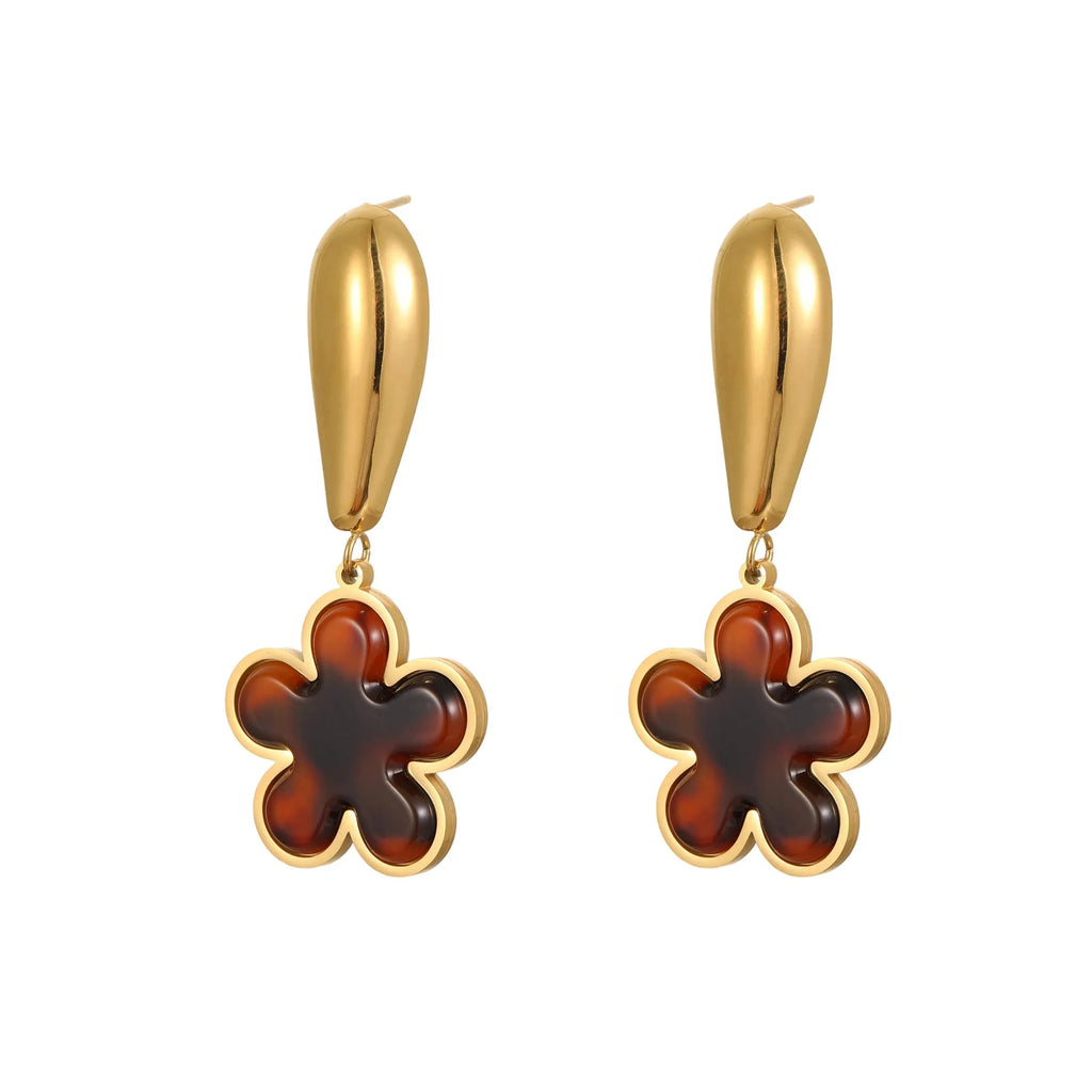 Women's tortoiseshell colour earrings with 18K gold plating, showing heart-shaped and floral geometric designs on a stainless steel base.