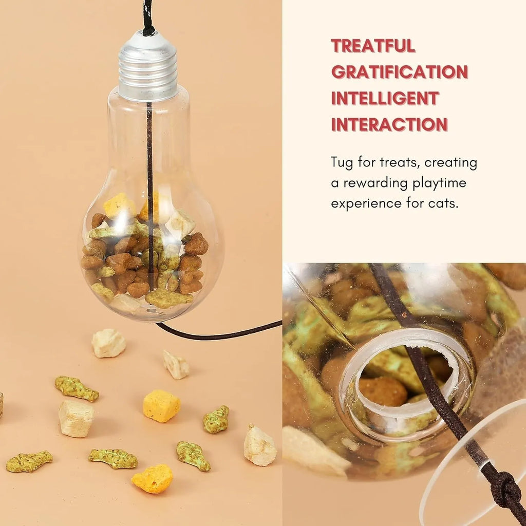 Retractable cat teaser toy hanging on door frame with dangling mouse toy and treat reward bulb