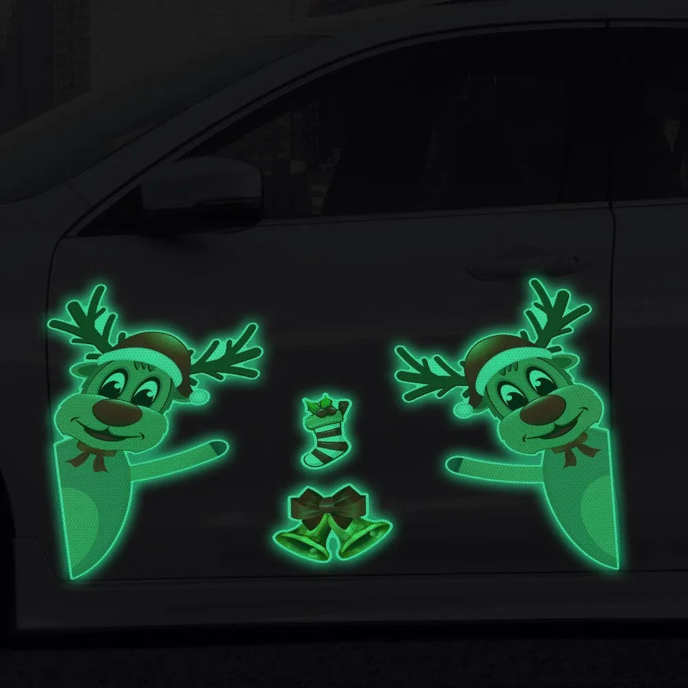 Set of magnetic Christmas car bumper stickers with a reflective luminous elk and bells cartoon design