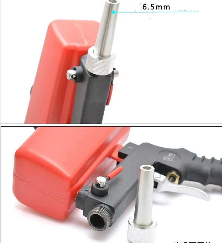 Portable small gravity feed pneumatic sandblasting gun with tank, shown in black or blue.