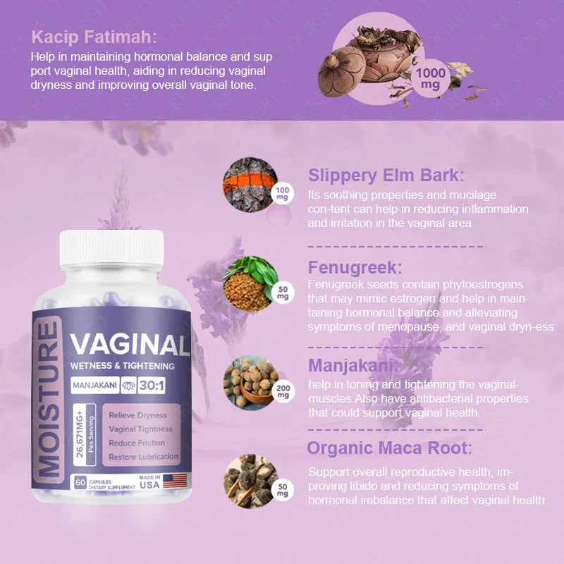 60-capsule vaginal health supplement bottle with plant-extracted gel capsules for adult women