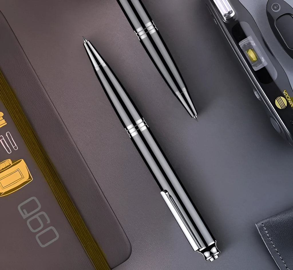 Black pen-shaped USB voice recorder and MP3 player, 120mm long.