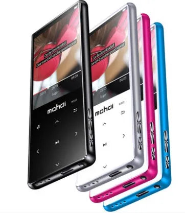 Ultra-thin portable MP3 music player with a 2.4-inch touch screen in black, silver, blue, or red colours.
