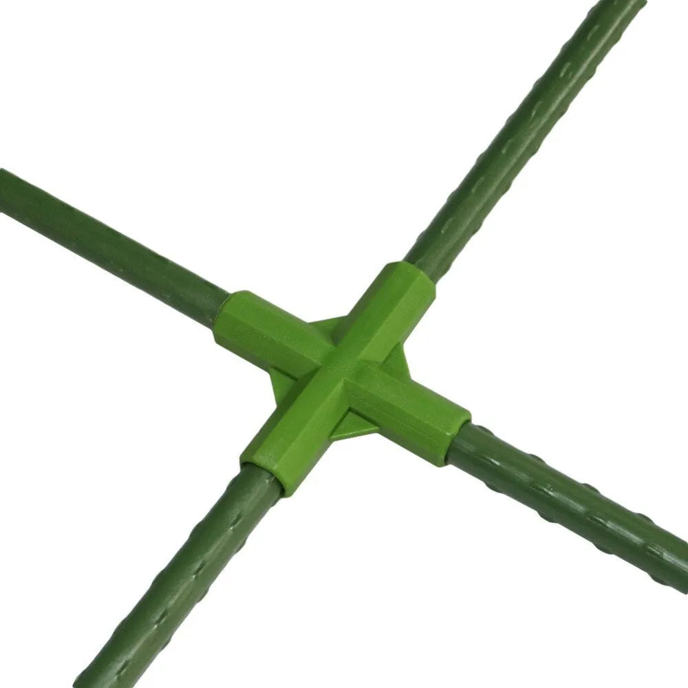 Two white PP plastic garden connectors, one with three arms and one with four, for connecting 11mm plant support stakes.