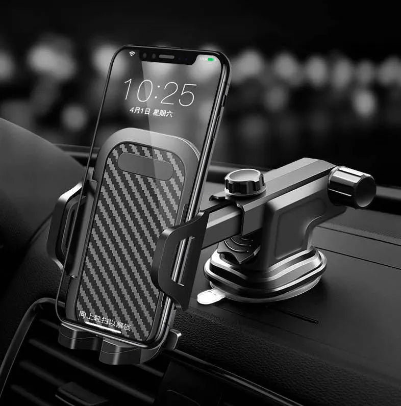 Black ABS and EVA car phone holder mounted on a windscreen, suitable for mobile phones between 4.0 and 7.0 inches.