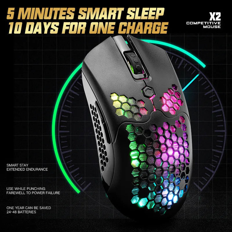 Free Wolf X2 wireless gaming mouse in black, showing RGB lighting and ergonomic shape.