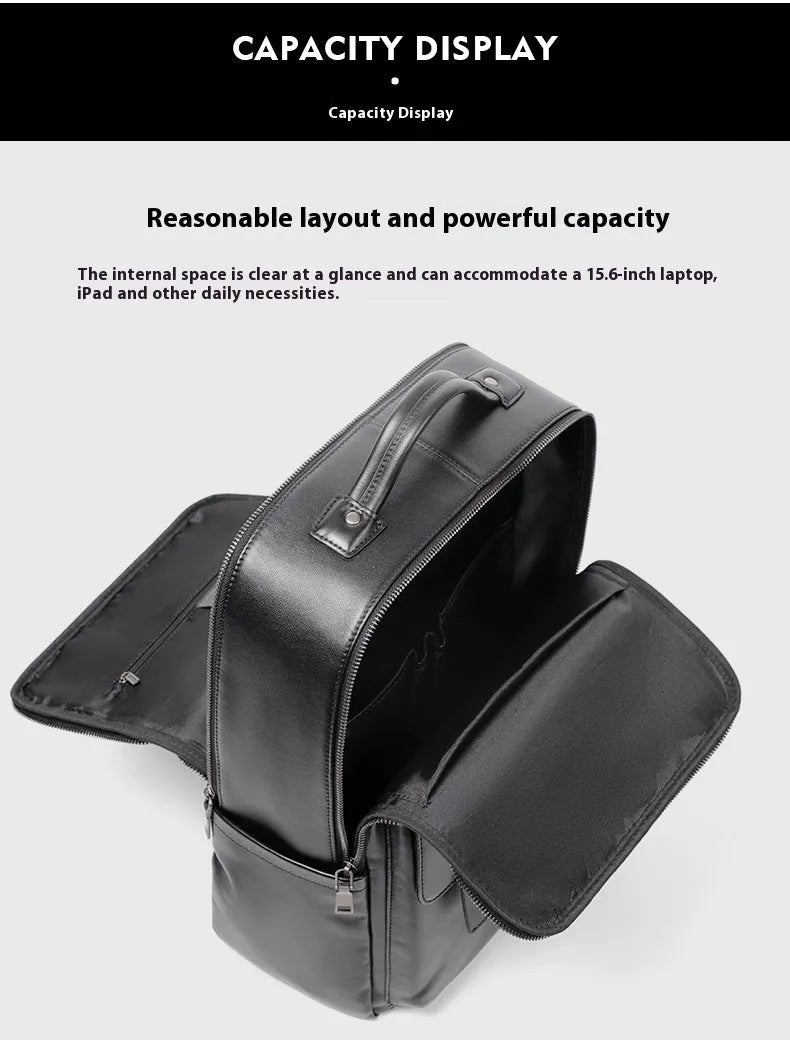 Men's large black leather computer backpack with 36-55L capacity for business and travel