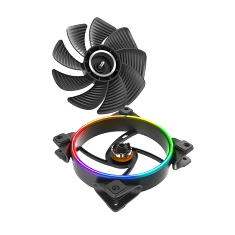 Three black 120mm RGB PC cooling fans with illuminated blades on dark background