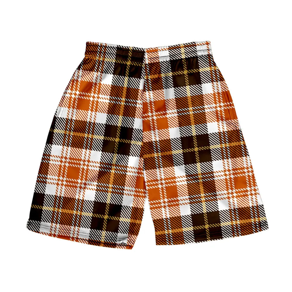 Men's plaid shorts with elastic waist in straight-leg cut available in multiple colours