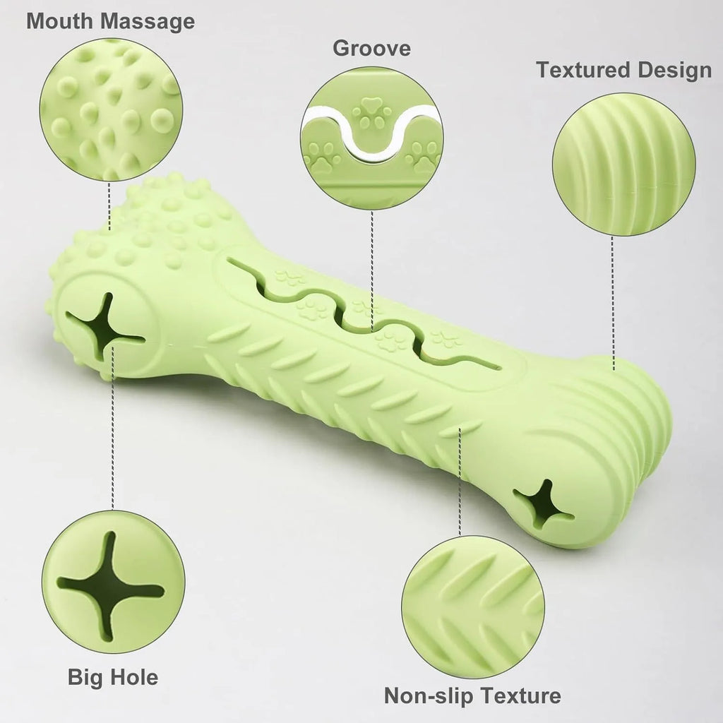 Blue natural rubber bone-shaped dog chew toy on a white background